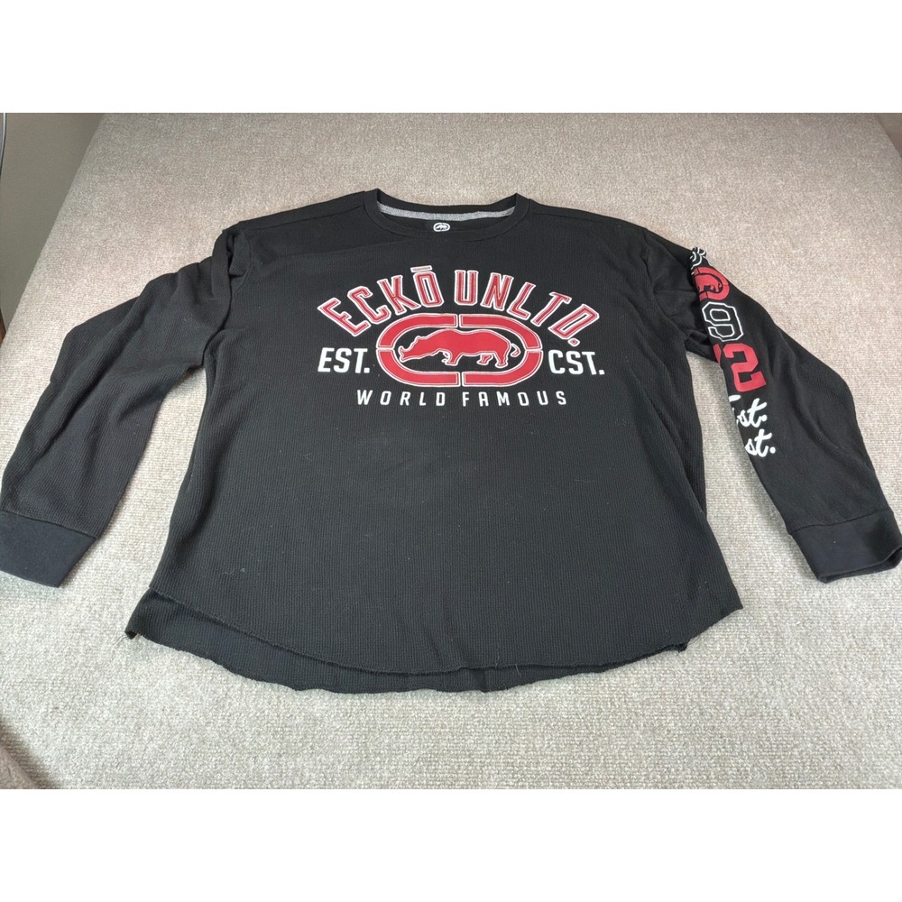 Ecko Unltd Mens XL Black Long Sleeve Thermal Waffle Knit Shirt Rhino Graphic NYC